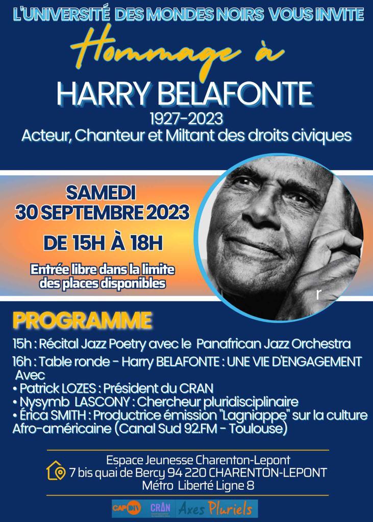 Flyer de l'hommage à Harry BELAFONTE (1927-2023) organisé par l’Université des Mondes Noirs le samedi 30 septembre 2023